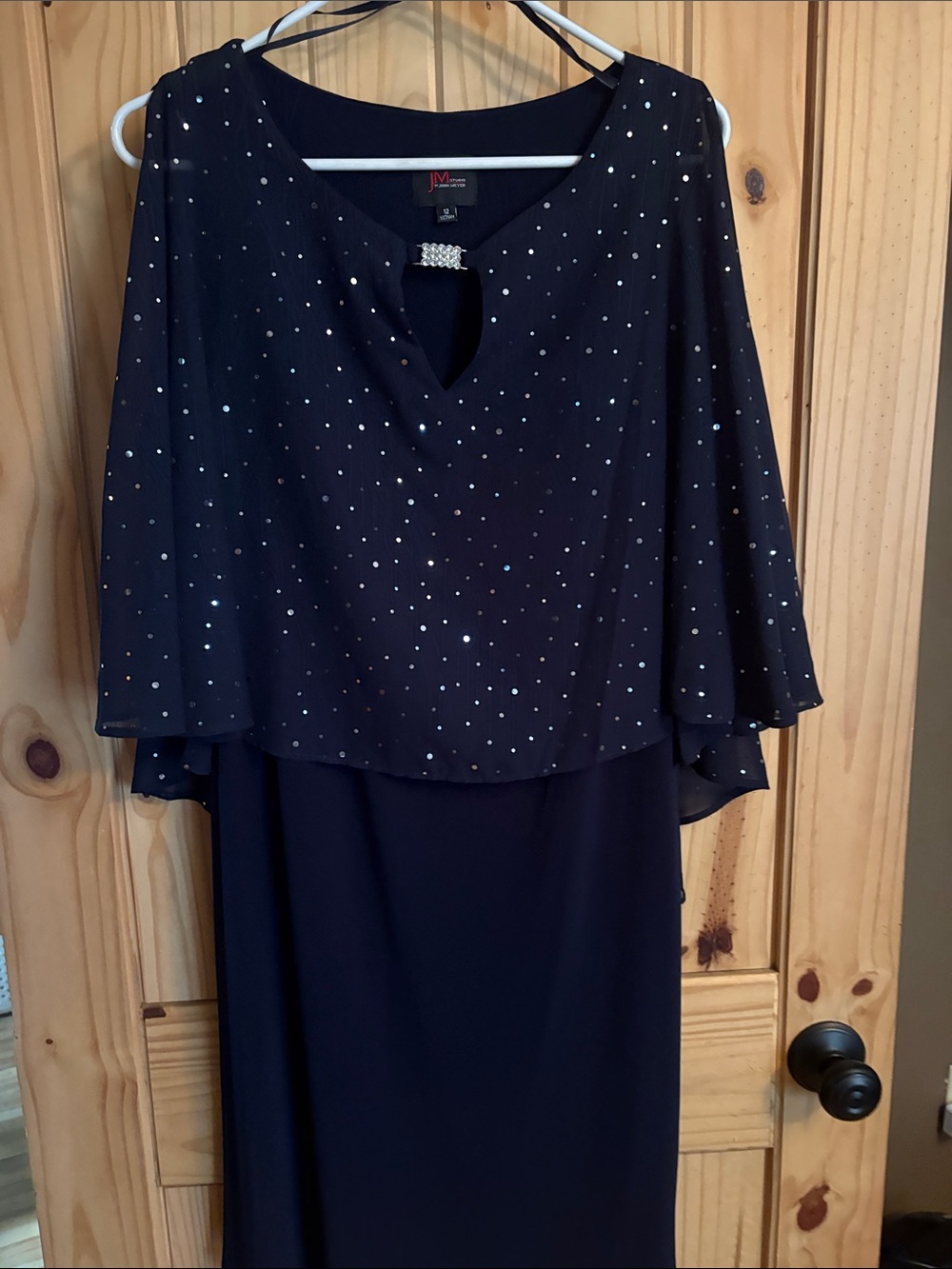 JM Collection Navy Long Sleeve Evening Dress with Rhinestone Detail